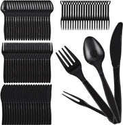 Set di posate in plastica riciclabile - 200 pezzi - servizio da picnic e da tavola - nero