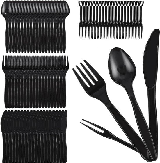 Set di posate in plastica riciclabile - 200 pezzi - servizio da picnic e da tavola - nero