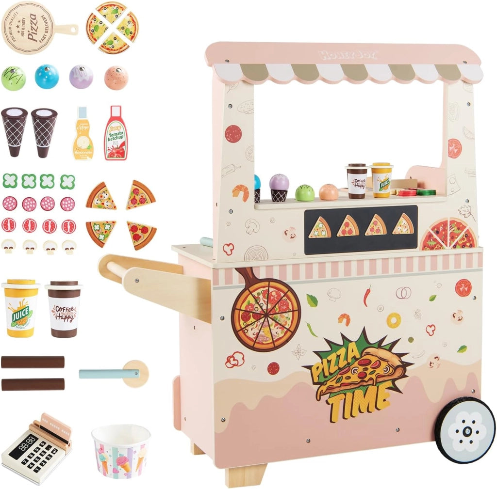 Carrello Pizza Giocattolo per Bambini, Carrello Gelato in Legno con Ruote, Distributore Automatico, Espositore e 41 Accessori, Centro Attività Montessori per Bambini 3+ Anni, 81 x 33 x 88 cm