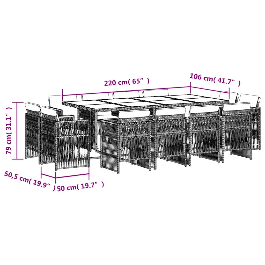 Set da Pranzo da Giardino 13pz con Cuscini Grigio in Polyrattan 3211040