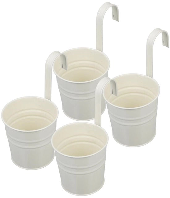 4 Bicchieri da Piante Sospesi con Gancio Rimovibile, Cestini per Balcone con Fessura di Drenaggio, Bacini in Metallo, Supporto per Piante per Giardino, Scale, Porte, Finestre, Decora il Patio, Bianchi