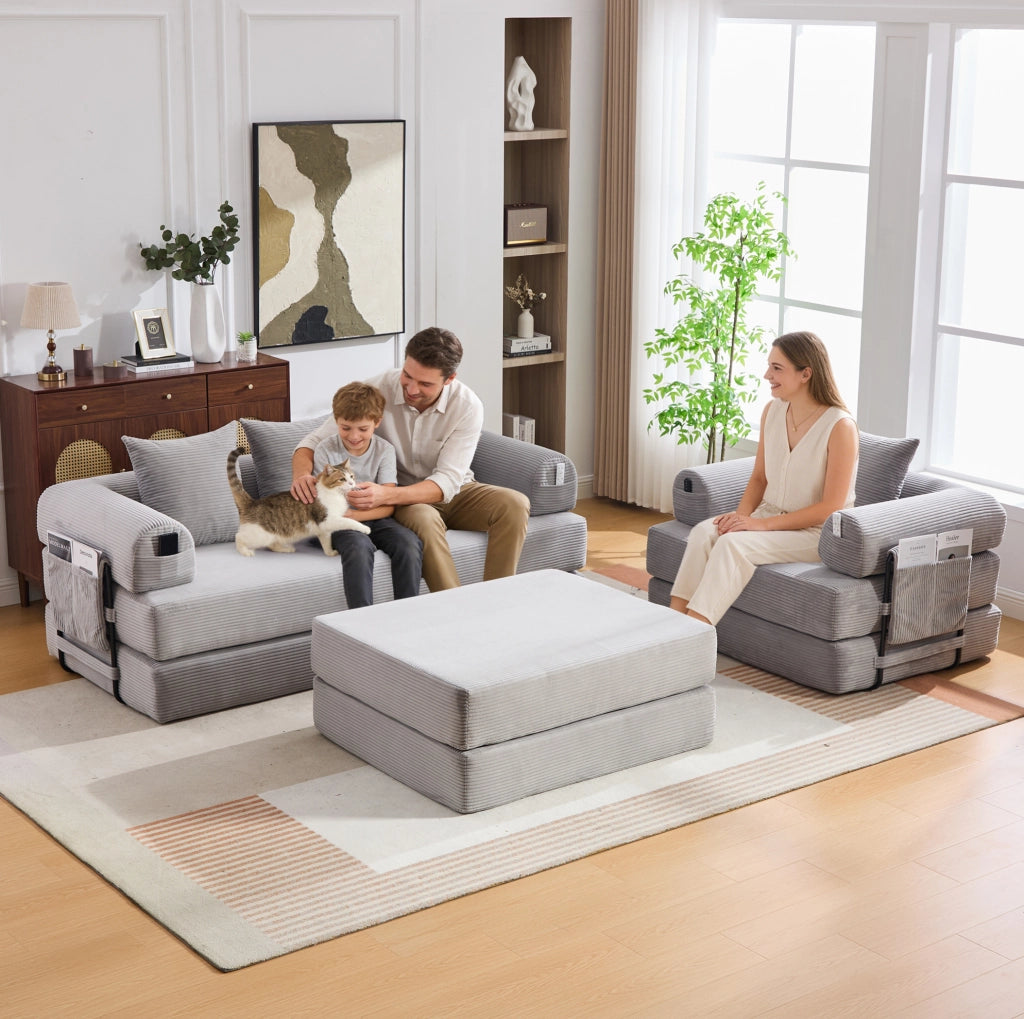 Divano modulare in tessuto a coste grigio chiaro 200x94x67 cm con pouf