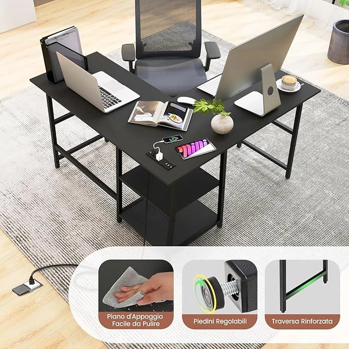 Scrivania Angolare da 120 CM, Scrivania a L per Ufficio a Casa con Prese di Corrente e Porte USB, Postazione di Lavoro con Ripiani per Lavoro, Gaming e Studio (Nero)