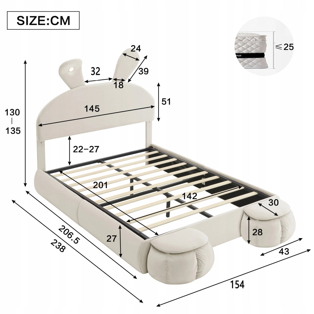 Letto matrimoniale 140x200 - Xylo - Orecchie coniglio LED velluto beige