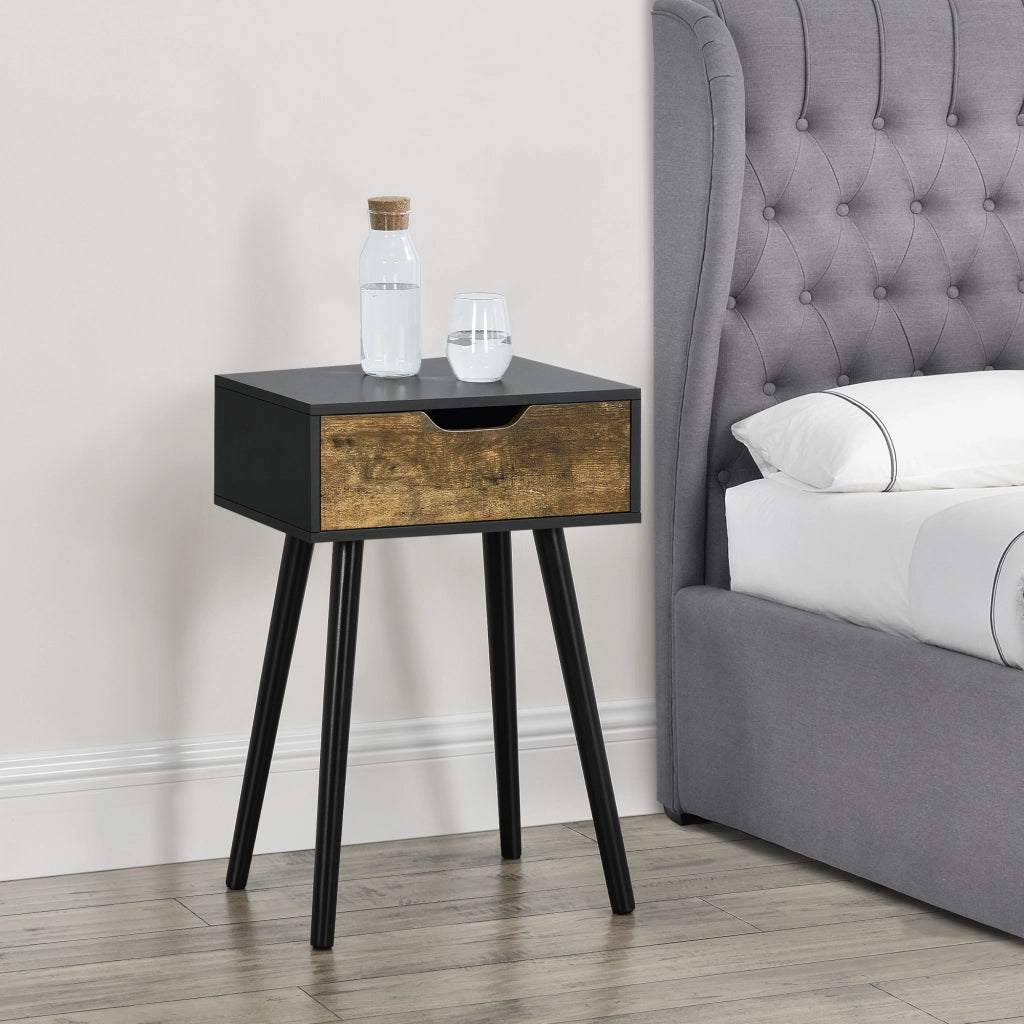 Comodino Östersund con Cassetto - Nero / Effetto Legno Scuro [en.casa]