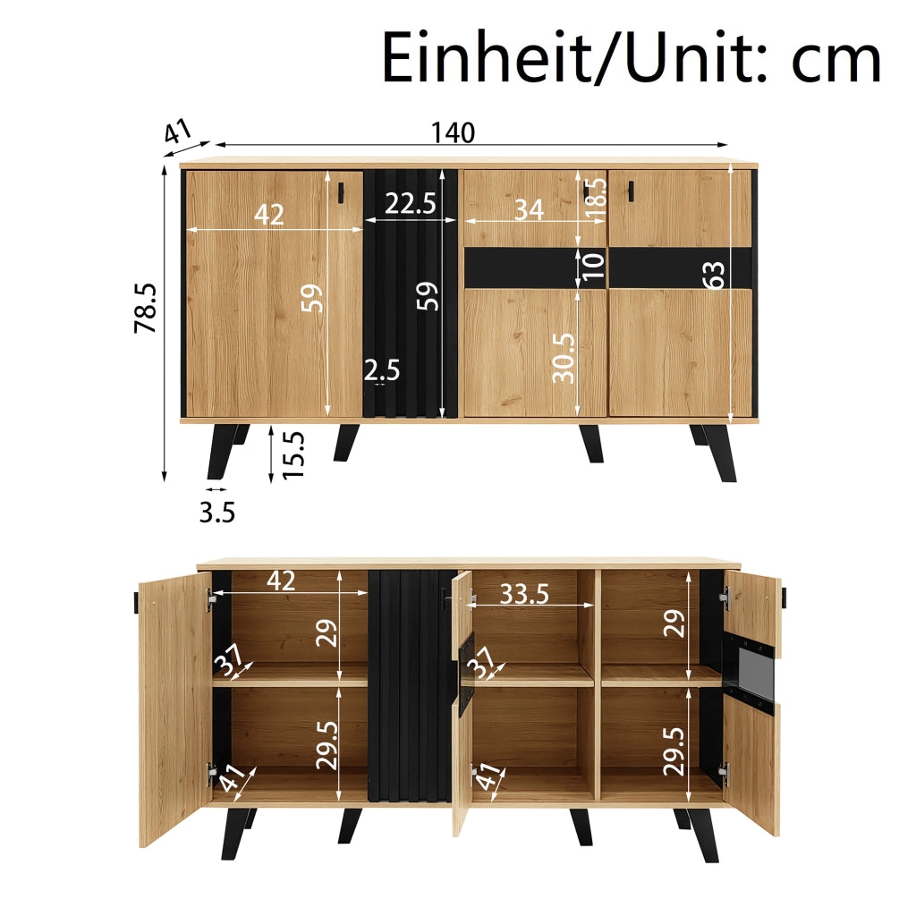 Credenza con LED e Vetro ¨C Xylo ¨C Legno e Nero, 140x78,5x41 cm