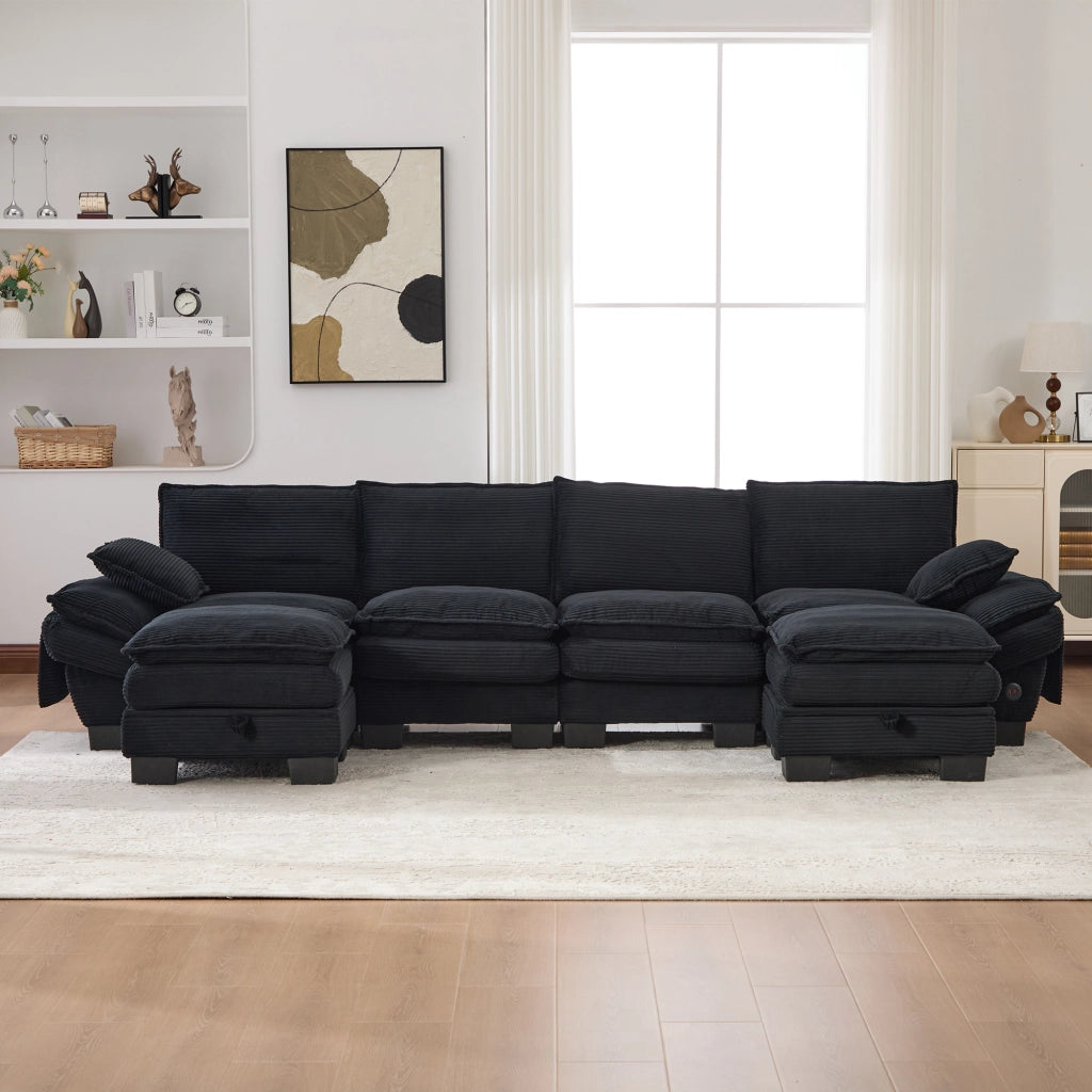 Divano 4 Posti con 2 Poggiapiedi in Tessuto a Coste ¨C MINIMAL ¨C Nero, Braccioli, Cuscini