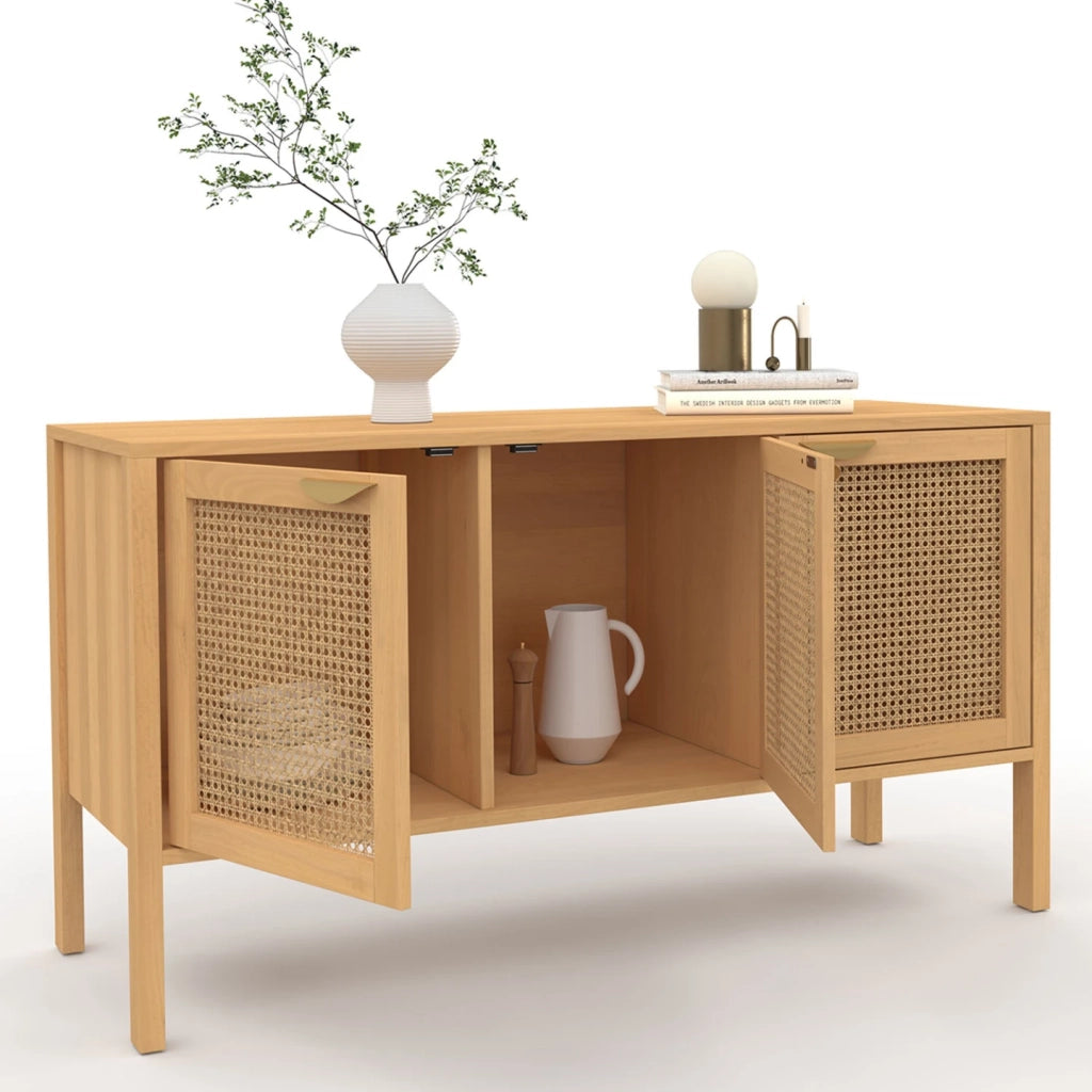 IDMarket - EDHEN Aparador bajo de 3 puertas con mimbre 110 cm