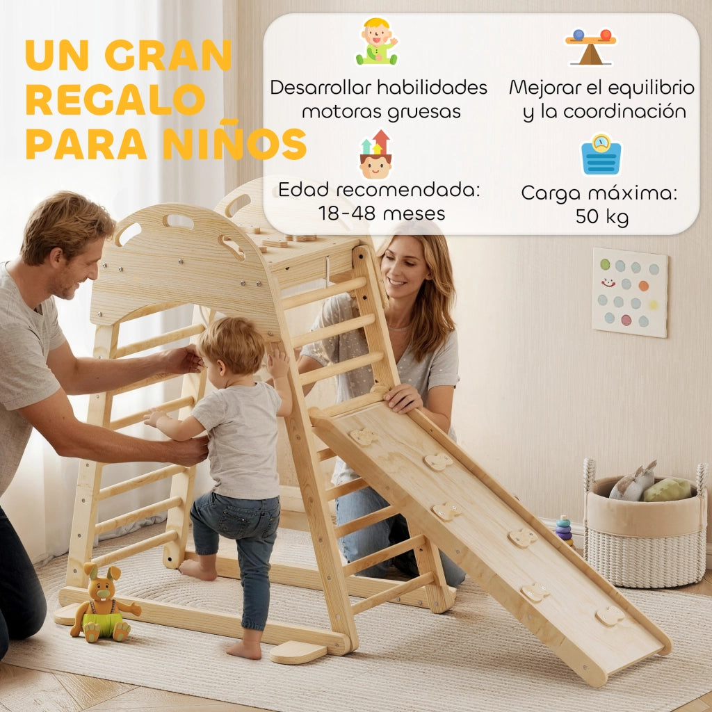 Struttura di arrampicata triangolare Montessori con scivolo ¨C Minimal ¨C legno naturale 90x90x80