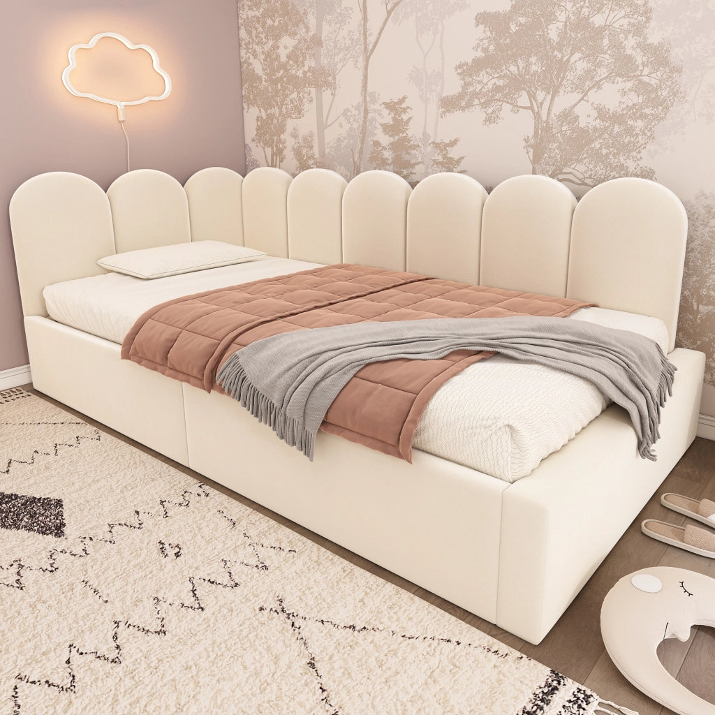 LETTO Contenitore 90x200 cm Velluto Beige con rete a sollevamento idraulica