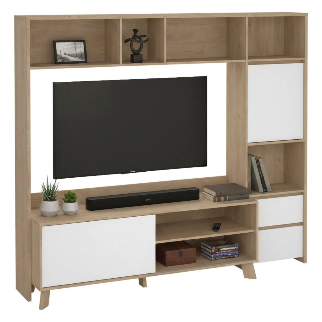 Mobile porta TV Calabria, Credenza da soggiorno, Armadio basso per TV, Base parete attrezzata, 209x48 h183 cm, Rovere e Bianco lucido