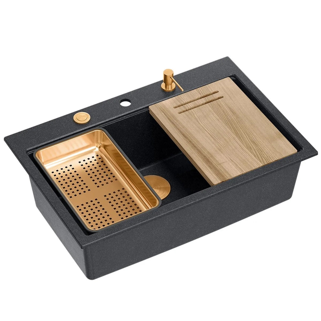 Lavello In Granito Marc 110 Workstation Black Metallic Tappo rame spazzolato