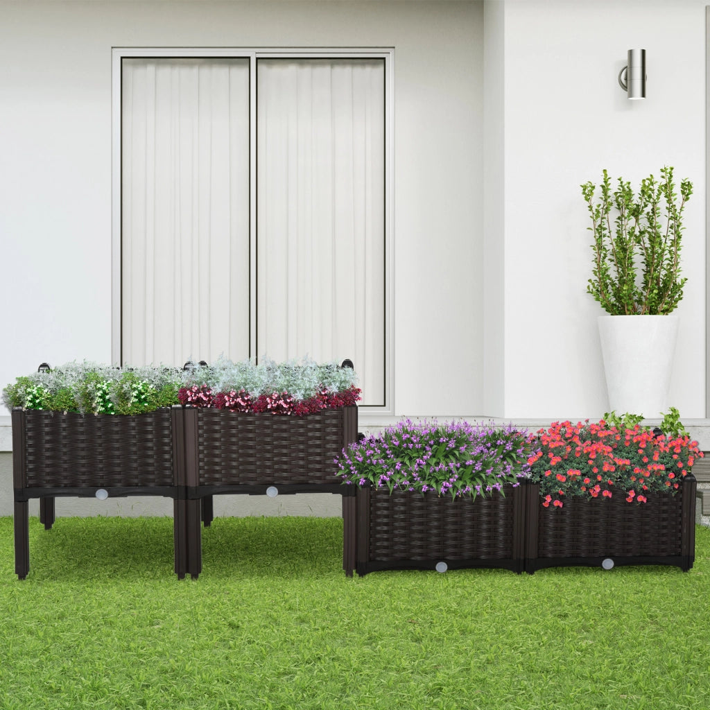 Set 4 Fioriere Quadrate da Giardino ¨C Xylo ¨C Effetto Rattan Marrone 40x40x26/44 cm