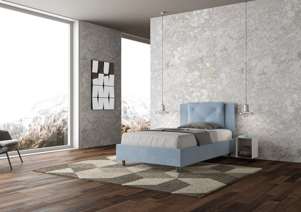 BS COM Letto una piazza e mezza senza rete imbottito 110x200 microfibra azzurro