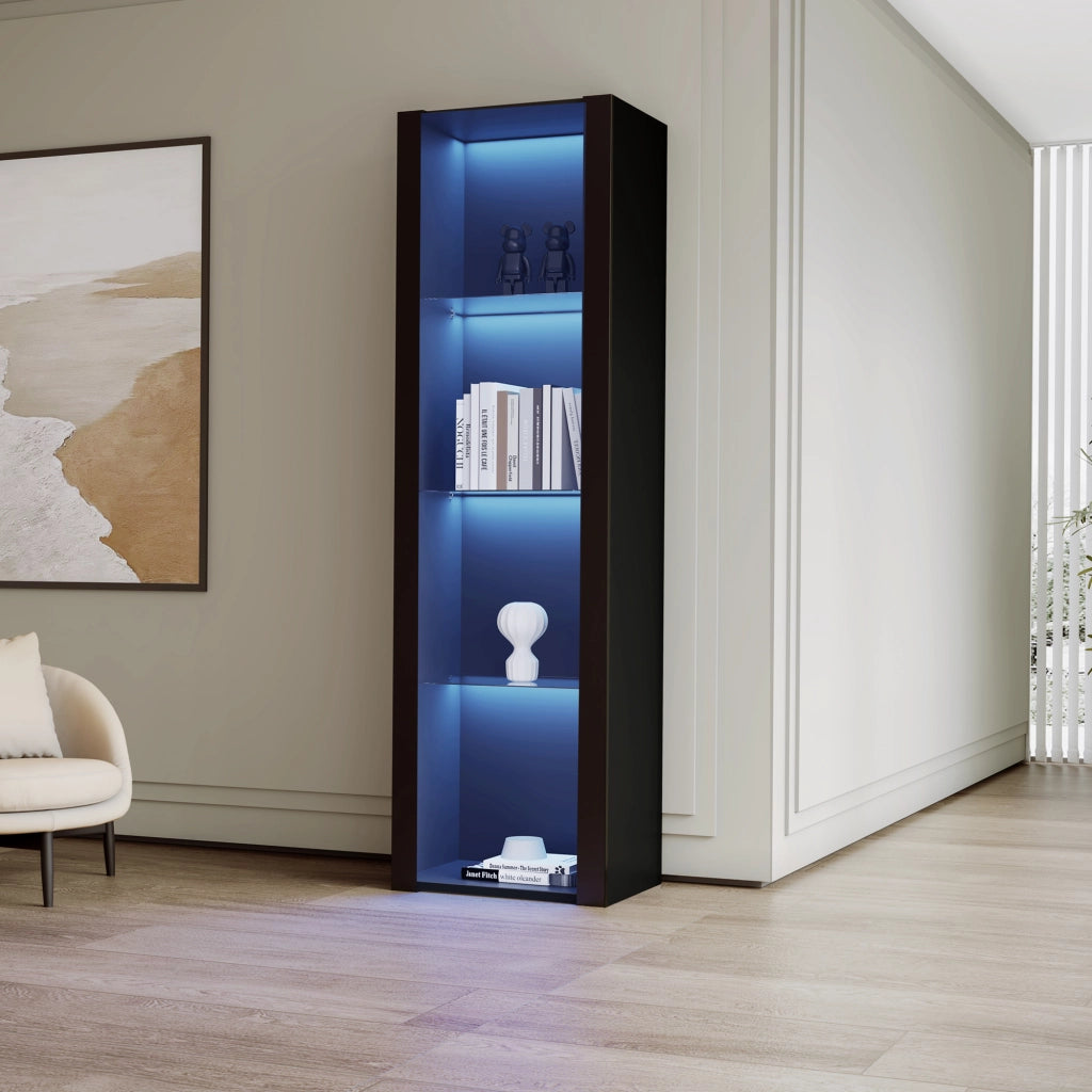 Vetrina con 3 ripiani in vetro e LED - per soggiorno - 55×38×166 cm - nero