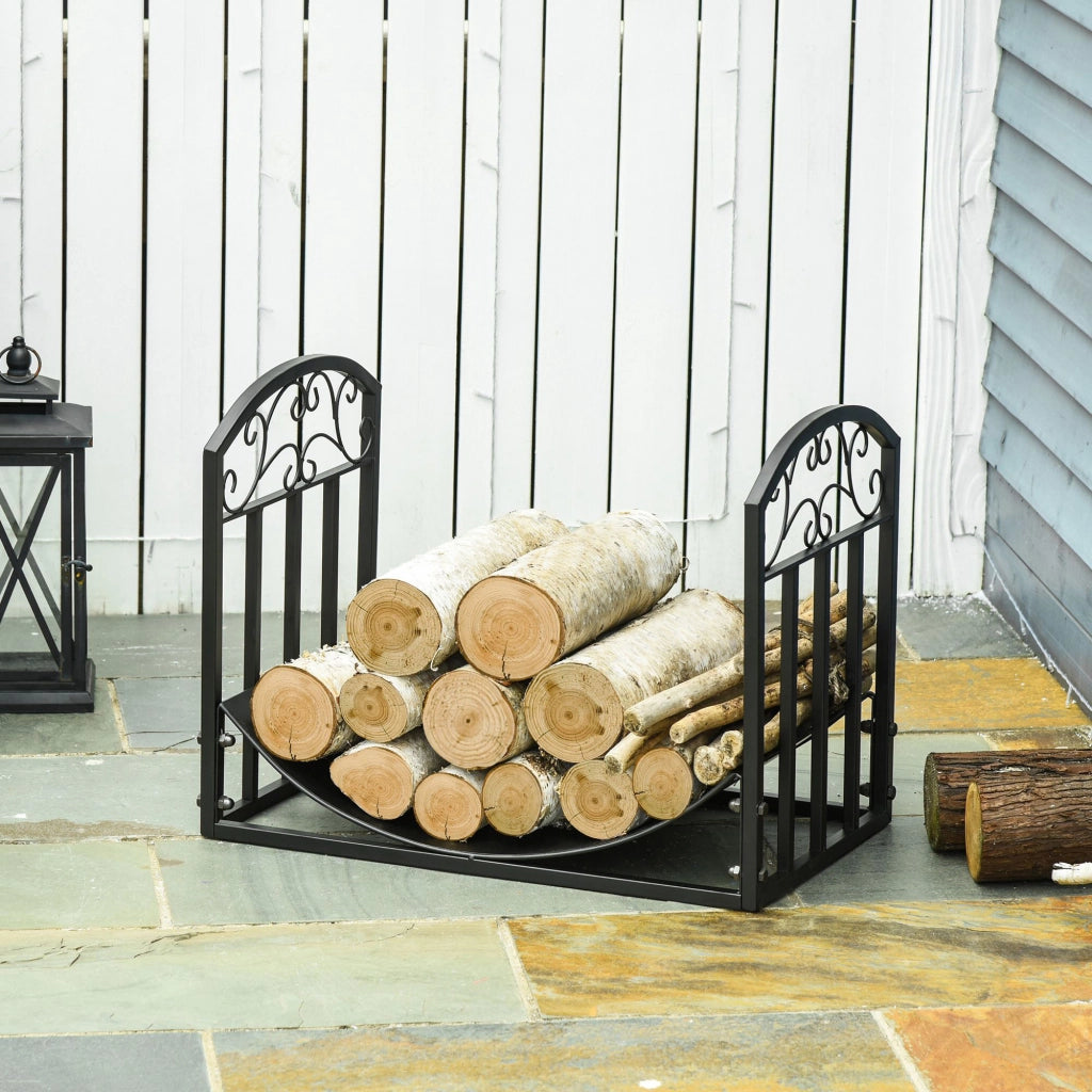 Portalegna da Interno ed Esterno in Metallo con Ripiano Curvo, Fino 60kg di Legna, Nero, 60.5x36x46.5cm