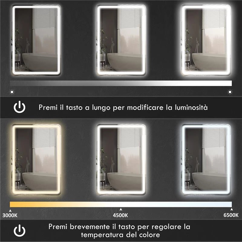 SPECCHIO BAGNO CON INTERRUTTORE TOUCH, LUCE LED A 3 TEMPERATURE E ANTIAPPANNAMENTO, 70X100CM