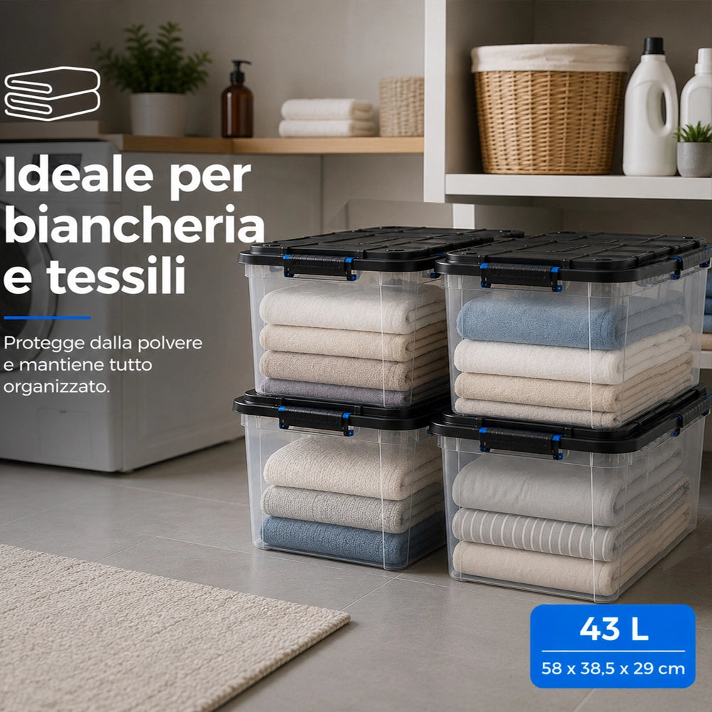 Set 4 Pezzi Contenitori con Coperchio Storage Box Solid Cargo 43L 58x38.5x29 cm