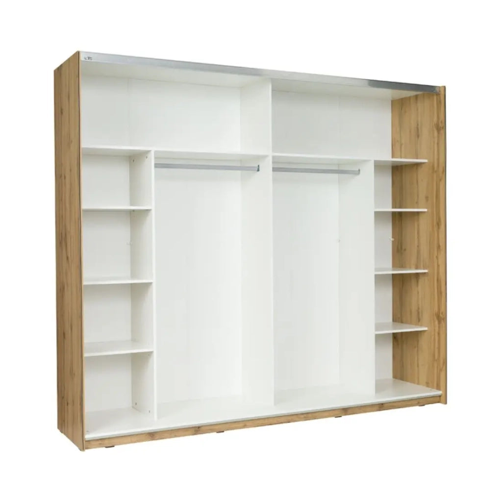 Camera completa WOOD con letto 160 x 200 cm LED, armadio 250 cm, cassettiera e comodini – Rovere e bianco