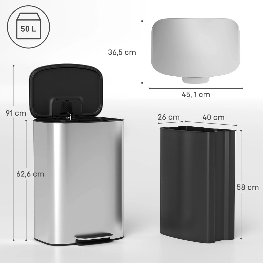 Pattumiera da cucina 50L ¨C Xylo ¨C con pedale, coperchio soft-close, secchio interno estraibile, 45,1x36,5x62,6cm, grigio