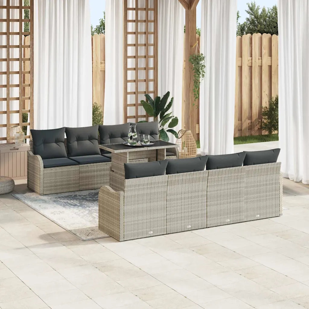 Set Divano da Giardino 9 pcs Grigio chiaro Poly Rattan