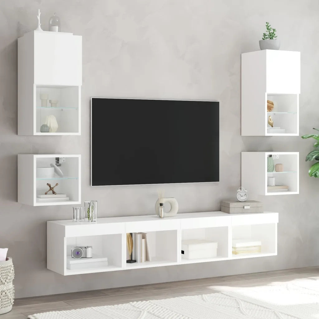 Set di 2 Comodini | Armadio da Notte | Mobiletto da notte con Luci LED a Parete Bianchi