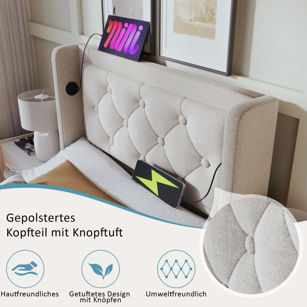 Letto singolo idraulico – 90x200 cm – USBC LED 3 lati – cotone beige