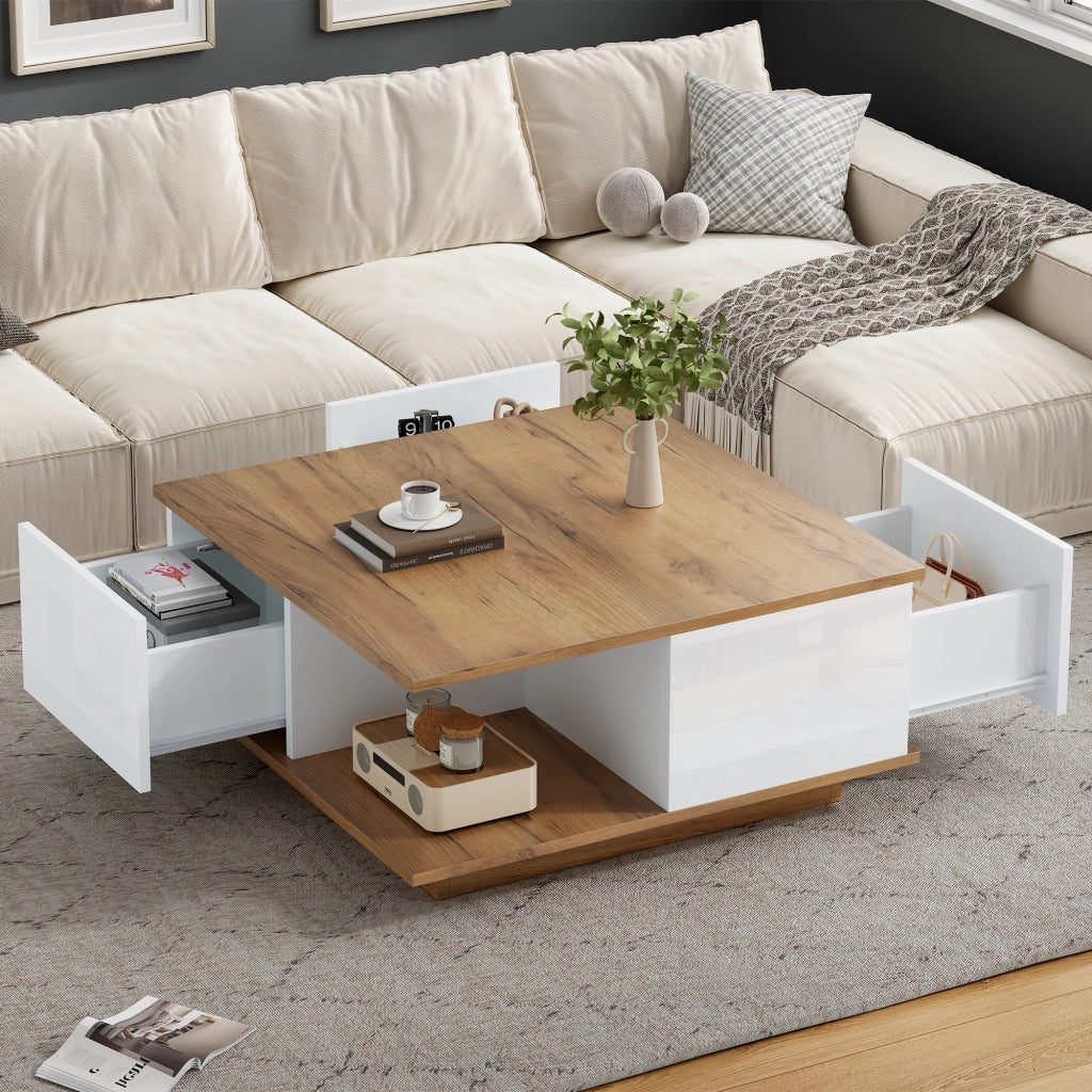 TAVOLO da caffè 70 x 70 x 31,5 cm Bianco e legno con 3 cassetti