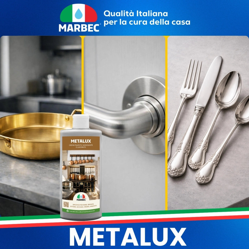 Crema lucidante metalli, pulizia e brillantezza in un solo gesto, ideale per rame e acciaio Marbec METALUX - 250GR