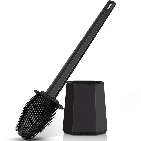 Spazzola per il water con supporto, set di supporti siliconici veloci da asciugare con fissaggio alla parete per bagno e toilette per ospiti (nero)
