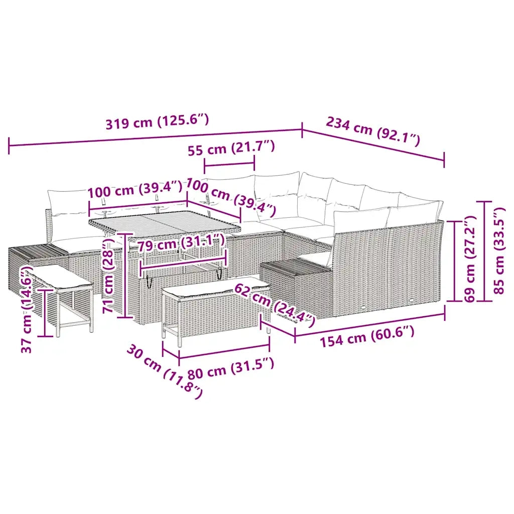 Set Divano da Giardino con cuscino 12 pcs Beige polyrattan 3362816