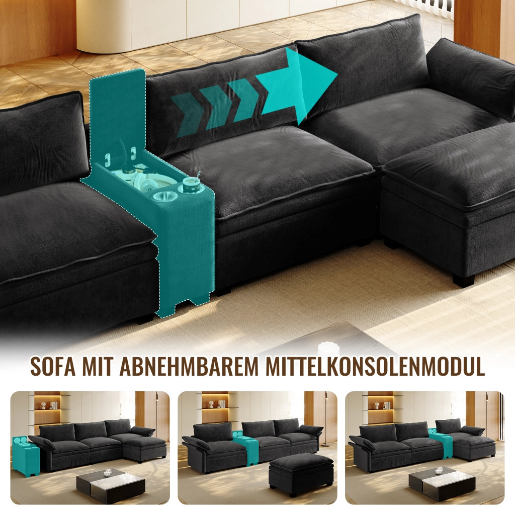 Divano modulare 4 posti con ricarica wireless, luce, altoparlanti e contenitore, Chenille Nero