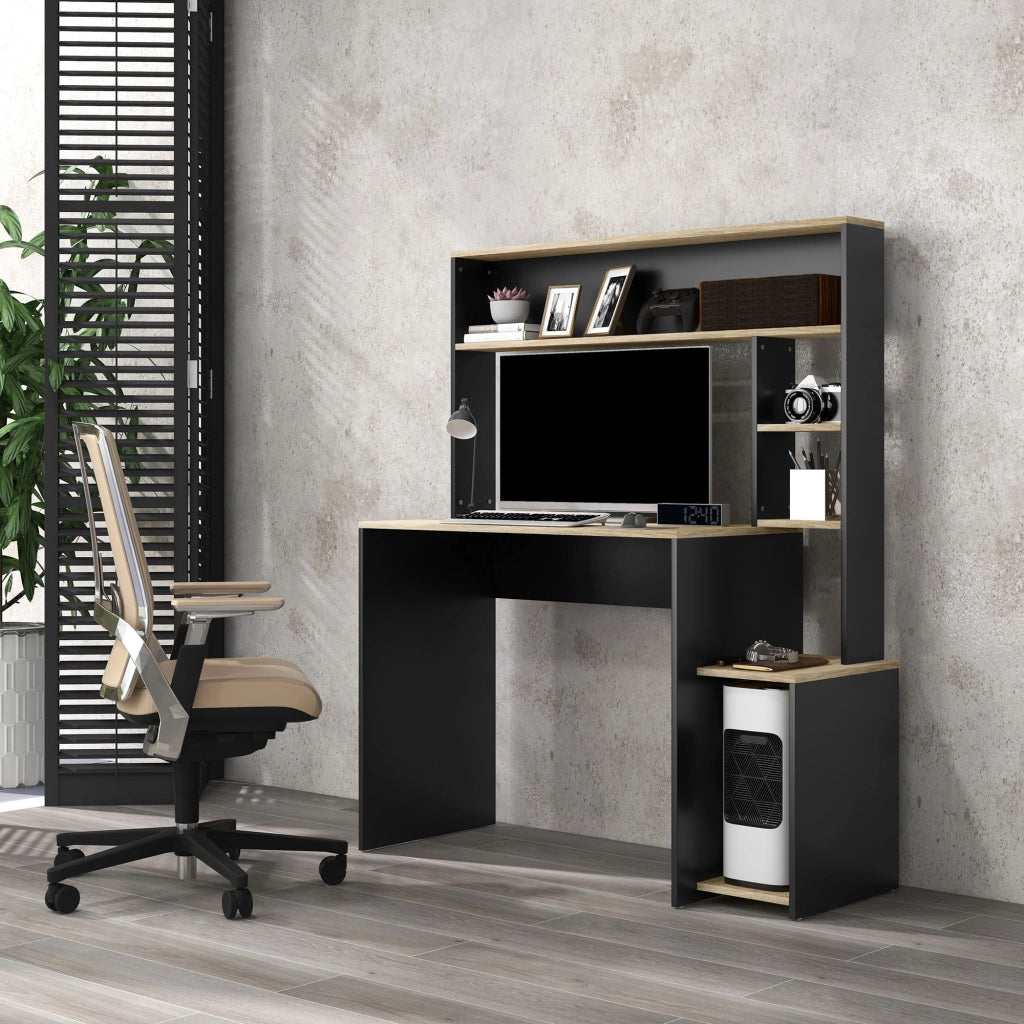 Scrivania con scaffali per computer ¨C Minimal ¨C Grigio e naturale 114x45x138 cm