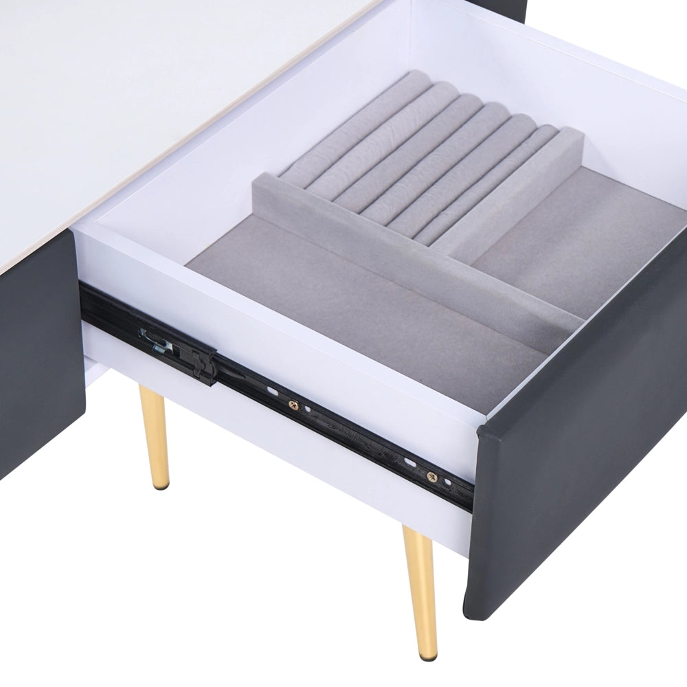 Toeletta con 2 cassetti specchio LED grigio e oro con sgabello camera da letto elegante