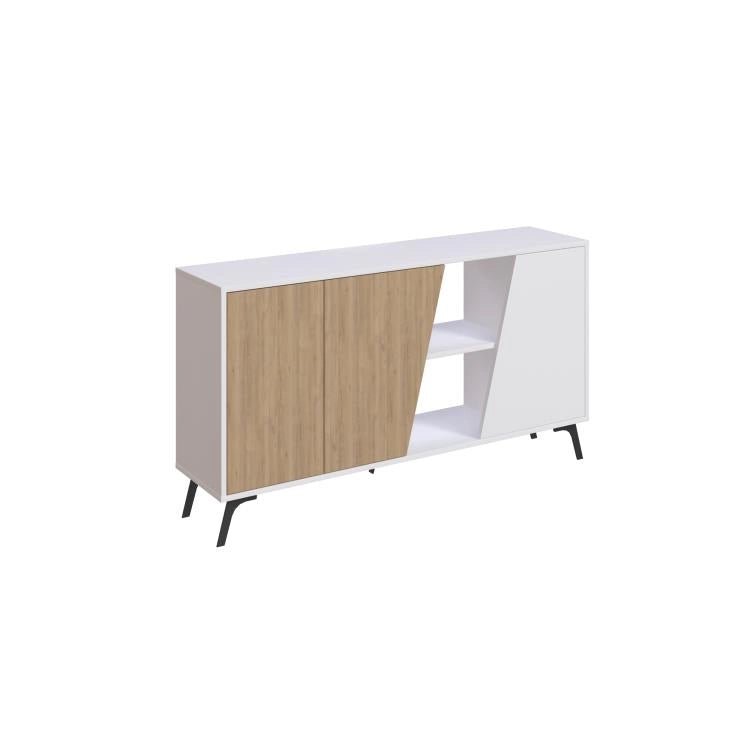 Madia Credenza Moderna 150 cm con 2 Ante 8 Vani e Ripiani Bianco e Quercia
