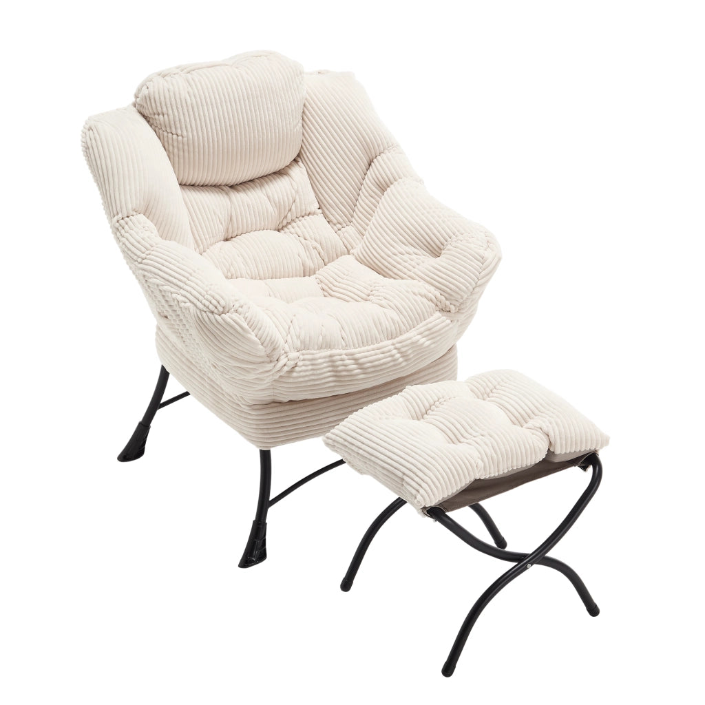 Poltrona da salotto con pouf; tasca laterale e braccioli; in acciaio; bianco