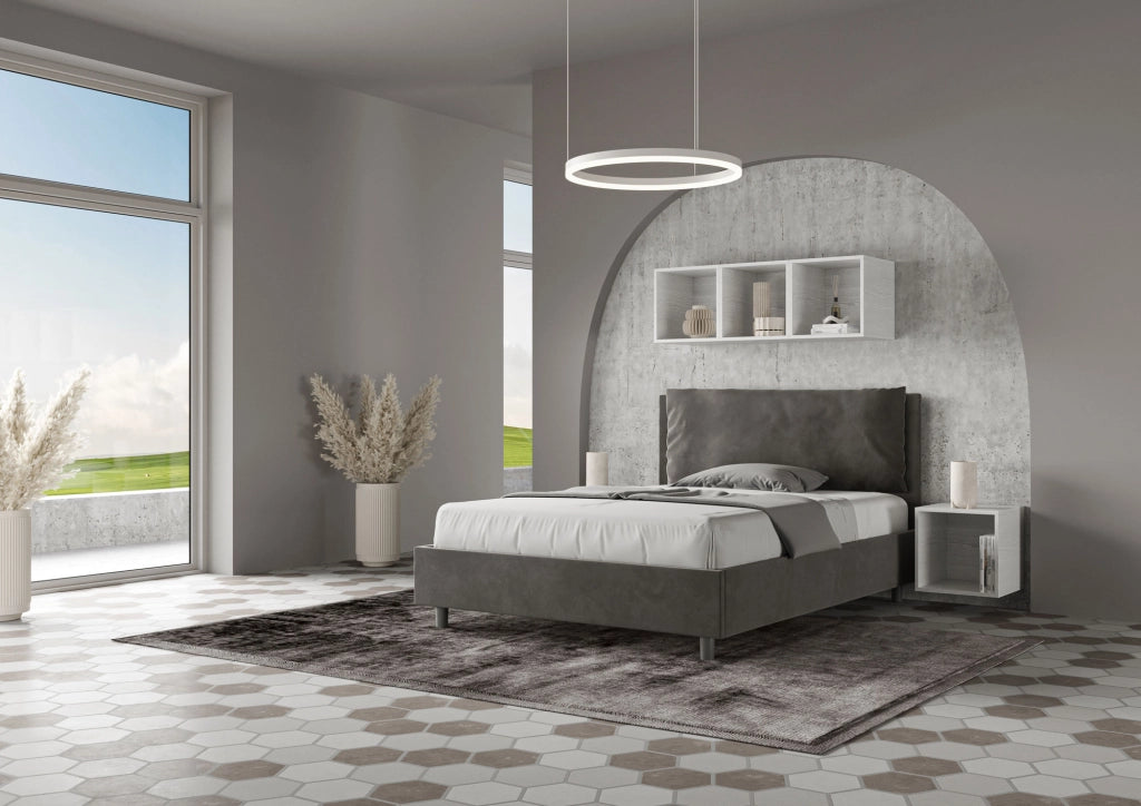 BS COM Letto matrimoniale francese contenitore imbottito 140x190 microfibra grigio Large