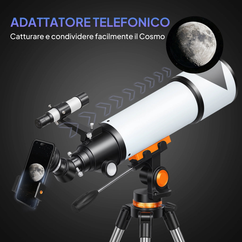 Telescopio Astronomico ¨C Xylo ¨C 80mm con Montatura AZ, 2 Oculari e Adattatore Smartphone, Bianco e Nero
