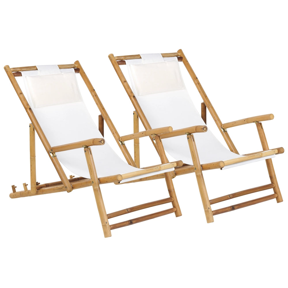 Set di 2 Sdraio Pieghevoli in Legno di Bambù con Telo Bianco Sporco