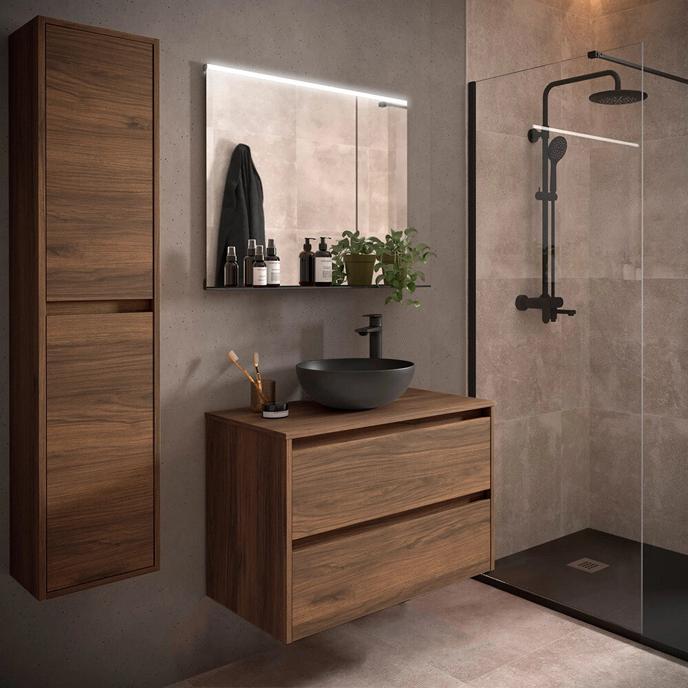 Mobile bagno sospeso 90 cm noce maya con top per lavabo da appoggio Gaya