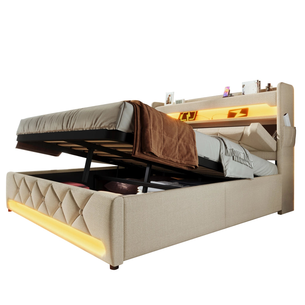 Letto Matrimoniale Imbottito con Contenitore Idraulico e LED ¨C MINIMAL ¨C Beige, 180x200