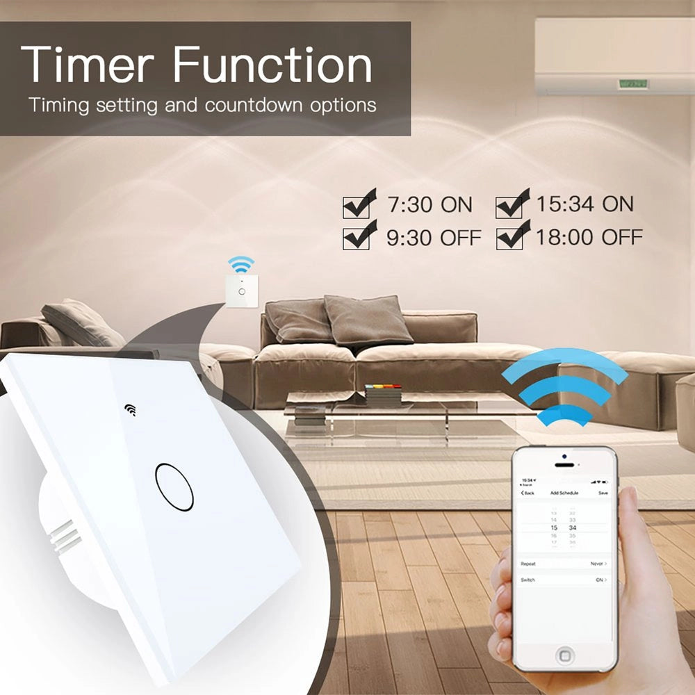Interruttore Da Parete Touch 1 Tasto, WIFI 2.4G Matter,  TUYA, Smart Life,Apple Home, Google Home, Alexa, SmartThings, 10A, AC 90-250V, 50/60HZ, 86X86X30mm, IP20, Bianco