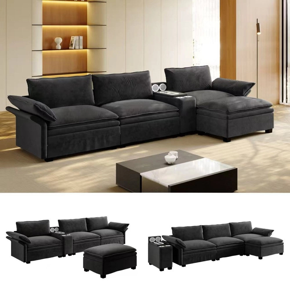 Divano Angolare Modulare con Contenitore, Portabicchieri e Luce ¨C Xylo ¨C Chenille Nero 315cm