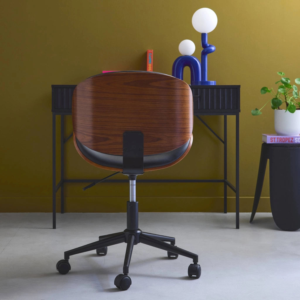 Sedia da ufficio con rotelle, effetto legno curvato e similpelle, nero