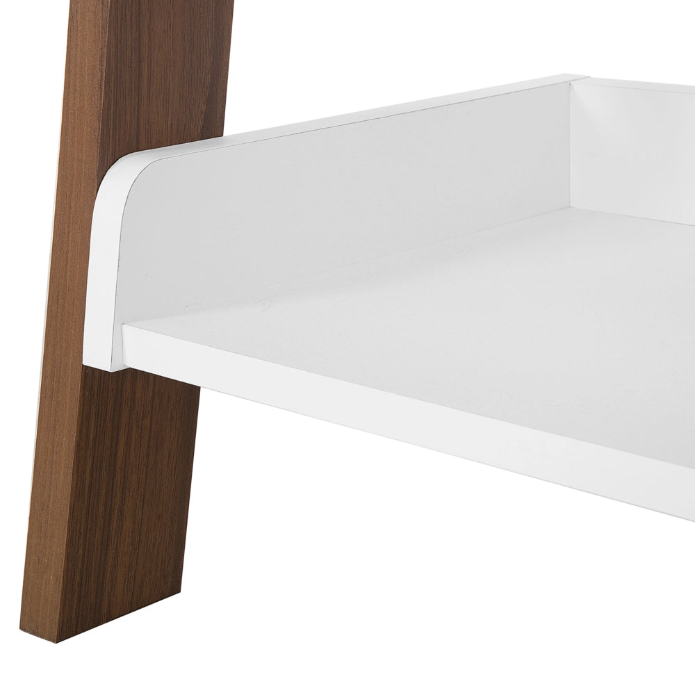 Libreria a 4 ripiani in legno scuro con espositore per libri bianco