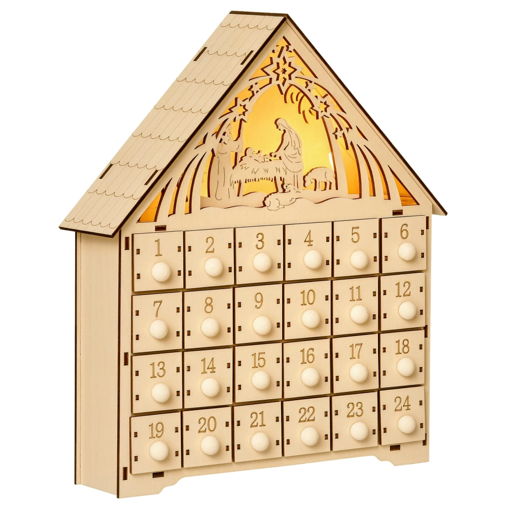 Calendario dell'Avvento in Legno con 24 Cassetti ¨C Xylo ¨C Decorazione Natalizia con Presepe e Luci, 26.6x6x30cm