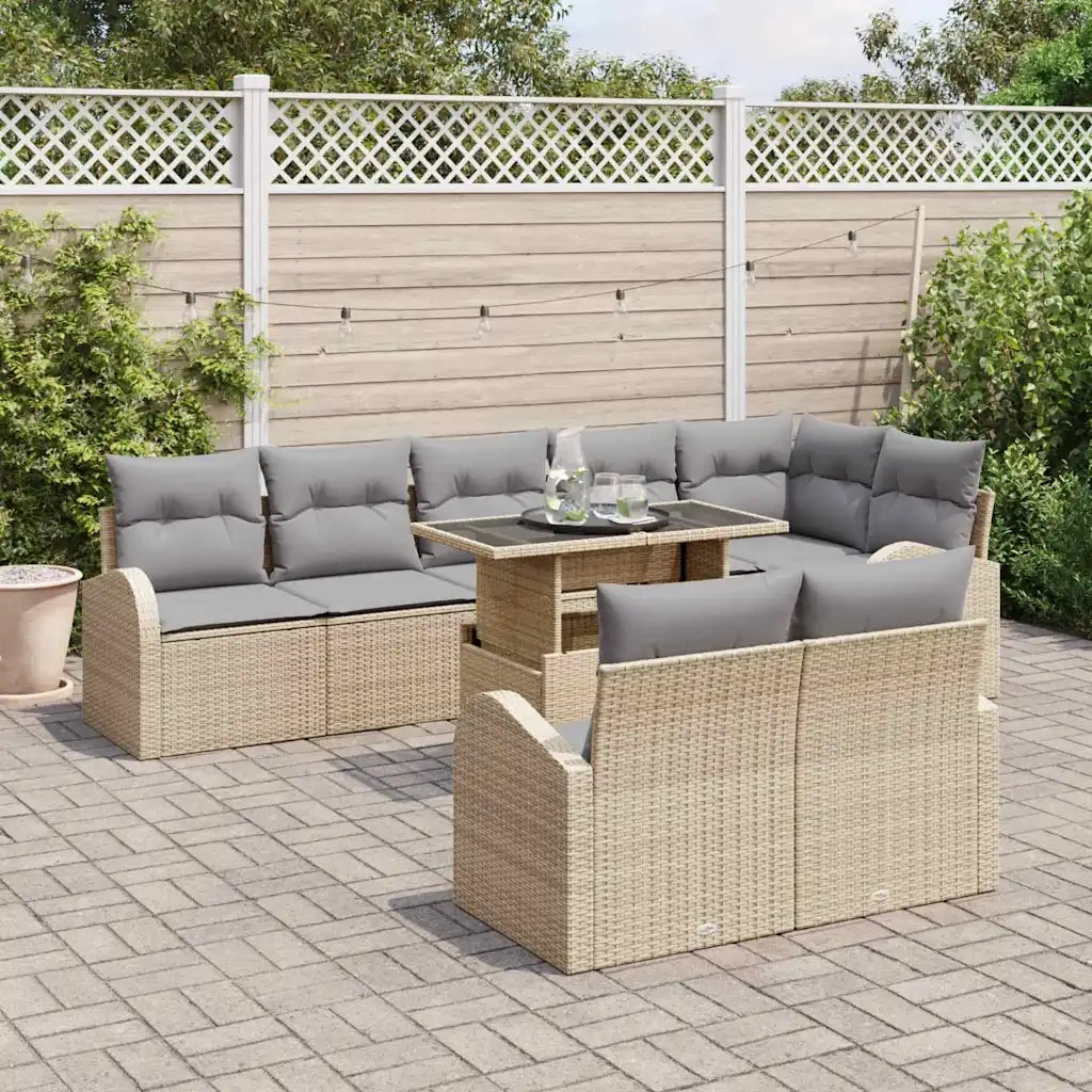Set Divano da Giardino con cuscino 9 pcs Beige Poly Rattan