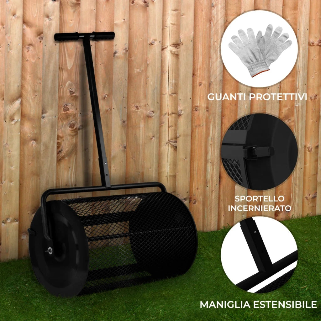 Spargitore di concime a rullo Torba Muschio Terriccio Giardino Prato 80L 66cm Gabbia in acciaio - Nero