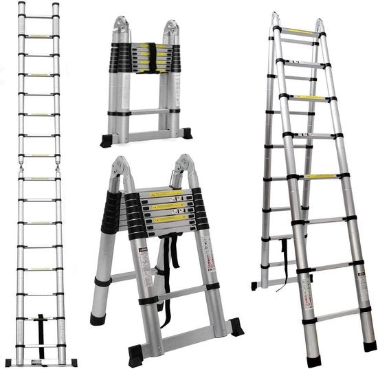 Scalone a doppia fune telescopico 5 m 2-in-1 con 16 sbarre - carico massimo 150 kg - finitura argento puro