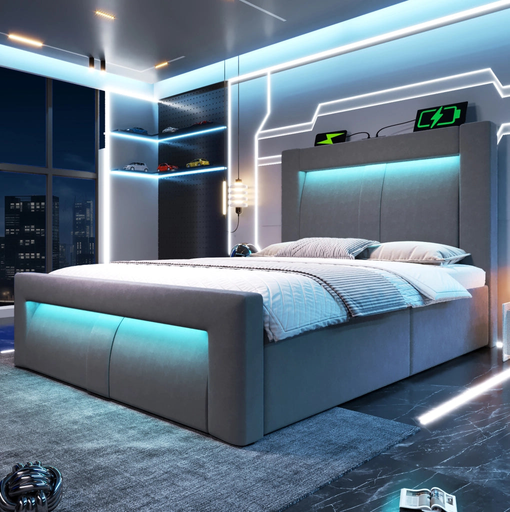 Letto singolo 90x200 cm con contenitore; LED; porte USB e USB C; velluto grigio